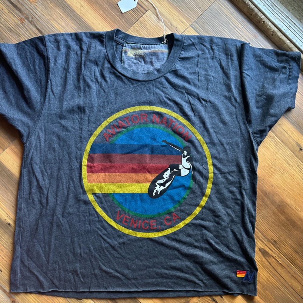Aviator Nation Venice CA Graphic Tee - Charcoal with Retro Stripes size L